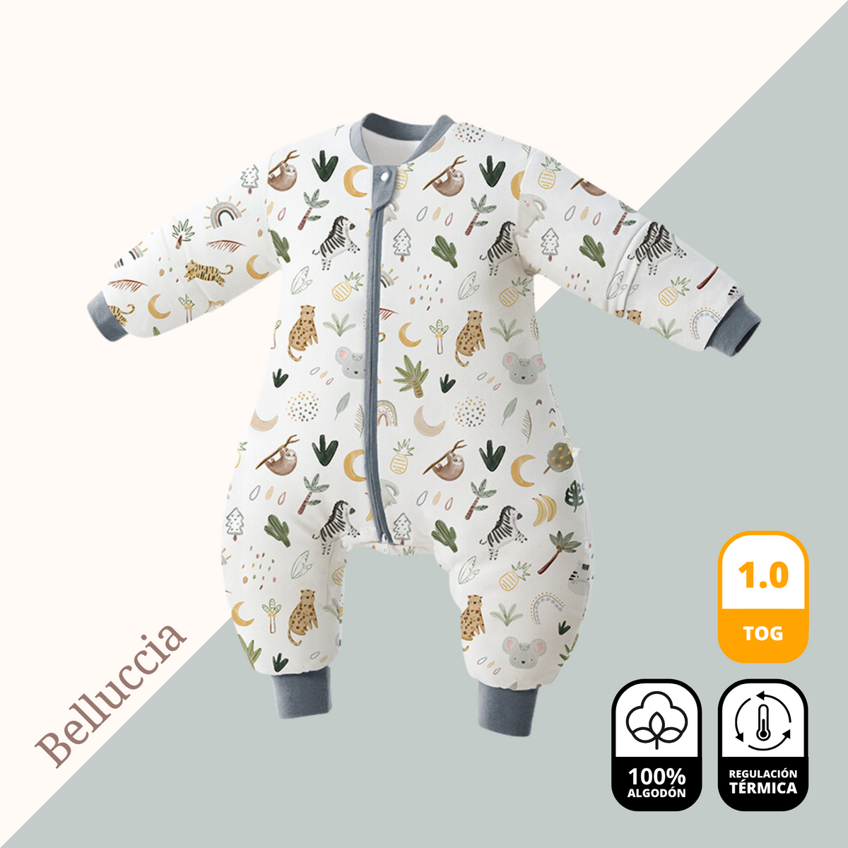 Saquito de Dormir Sueño Seguro / Tipo Enterito / TOG 1.0 / Diseño Jungla · 100% Algodón · Temperatura Constante