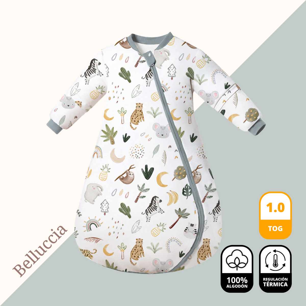 Saquito de Dormir Sueño Seguro / Tipo Redondeado / TOG 1.0 / Diseño Jungla · 100% Algodón · Temperatura Constante